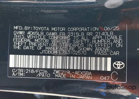 2025 Toyota Corolla Hybrid Se from USA, damaged, VIN JTDBCMFE7S3102570